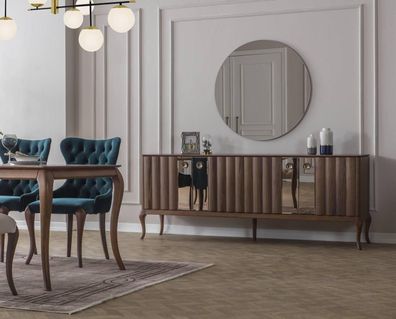 Braune 4-türige Anrichte Luxuriöser Spiegel Esszimmer Holz Möbel 2tlg