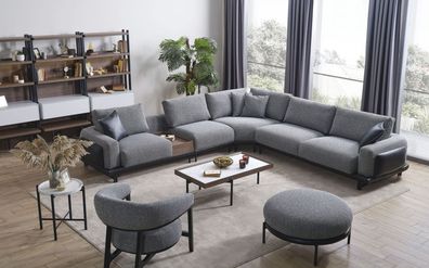 Graue Wohnzimmer Garnitur Luxus Ecksofa L-Form Couch Couchtisch Hocker
