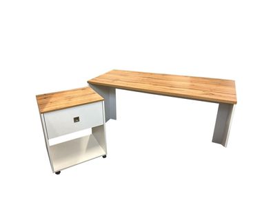 Schreibtisch mit Rollcontainer Eiche-Landhausdekor und perlweiß Angebot