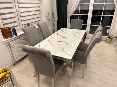 Esstisch aus poliertem Edelstahl Chrom 180 cm mit 6 Stühle Grau Farbe Angebot