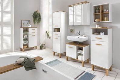 Spiegelschrank Badezimmerspiegel weiß Glanz/ eiche Landhaus mit LED Breite 80 cm