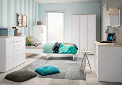 Jugendzimmer Kinderzimmer Komplett Set weiß, Himmelblau oder Hellrosa 6 Teilig
