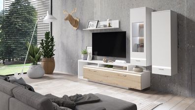 Wohnwand Anbauwand Wohnzimmer Möbel TV-Wand Mit Beleuchtung Eiche weiß