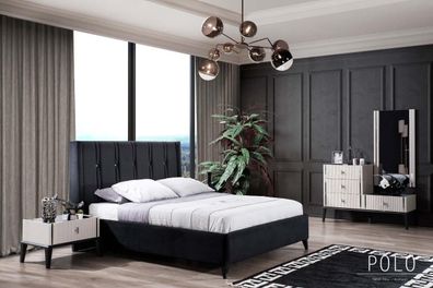 Schwarzes Schlafzimmer Set Designer Bett 2x Holz Nachttische Schminktisch