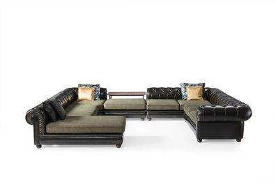 Schwarz-grünes Ecksofa U-Form Polster Wohnlandschaft Relax Luxus Couch