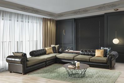 Grün-schwarzes Wohnzimmer Chesterfield L-Form Sofa Polster Couchen Neu
