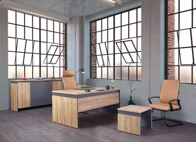 Großes Büromöbel Set Schreibtisch Massivholz Möbel Kommode Braun 4tlg