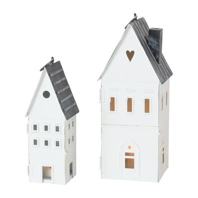 2tlg. Laterne LITTLE HOUSE weiß grau Lichterhaus Windlicht in Hausform (2 Größen