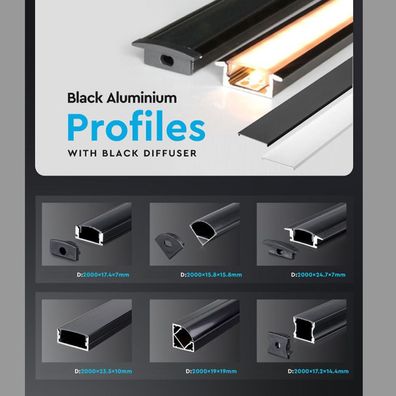 2m schwarzer Alu Profile Alu Schiene LED Kanal System für LED-Streifen inkl. schwa...