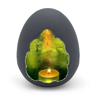 Teelicht Halter Oster Ei 15x12 cm - grau / grün - Frühlings Deko Kerzen Ständer