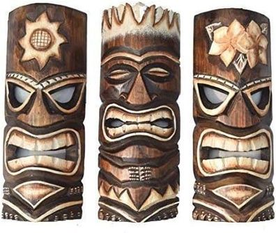 3 Tiki Masken 30cm 3er Set Tiki Maske Holzmaske Wandmasken Karibik Sonne Blumen