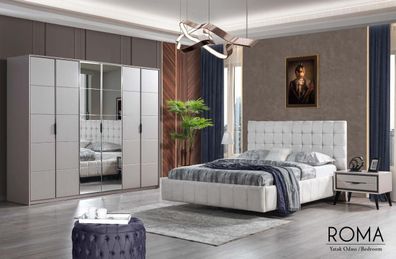 Weiße Schlafzimmer Garnitur Luxus Möbel Polster Bett Holz Kleiderschrank