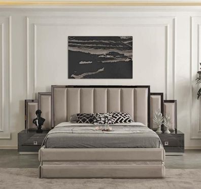 Beige Schlafzimmer Möbel Designer Doppelbett Luxus Holz Nachttische