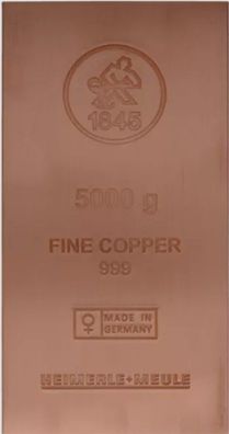 Heimerle + Meule 999 Kupferbarren 5 Kg 5000 Gramm Feinkupfer mit Zertifikat Copper