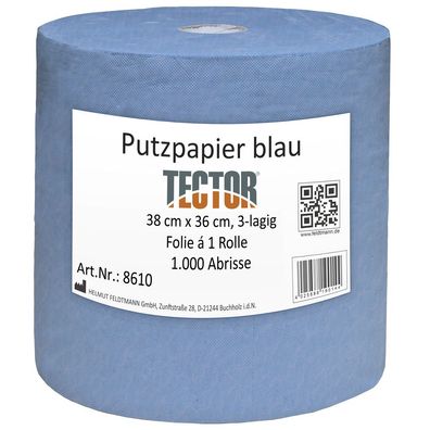 Putzpapier, 3-lagig, ca. 38 x 38 cm, 1000 Blatt, Blau, perforiert, 1 Rolle