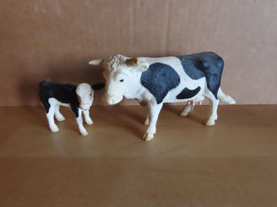 Figur Kuh mit Kalb weiß mit schwarzen Flecken Arbalon Handbemalt