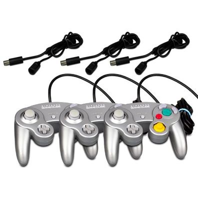 3 Original Nintendo Gamecube Controller Platinum SILBER + 3 Controllerverlängerung...