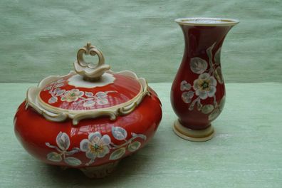 Roloff handbemalt Deutsche Wertarbeit Vase Konfektschale Deckeldose rot Blumendekor