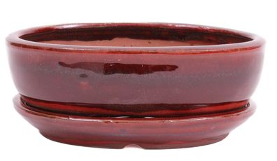 Bonsai - Schale oval 16 x 12 x 4.8 cm , braun / rot , mit Untersetzer 23186