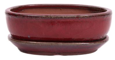 Bonsai - Schale oval 16 x 12 x 5 cm , Bordeaux , mit Untersetzer 23177