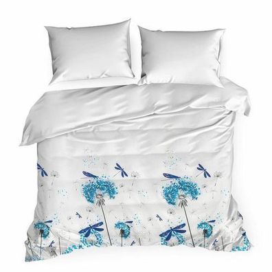 Bettwäsche Kissenbezug Bettbezug Bettgarnitur weiß blau 200 x 220 cm botanisch Deko