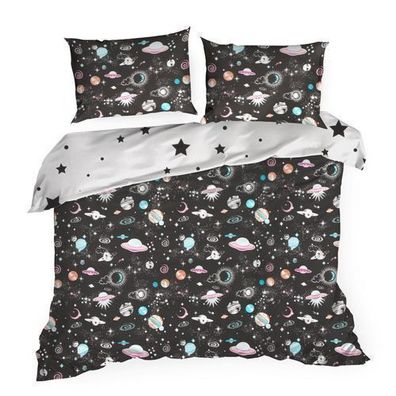 Bettwäsche für Kinder 3-tlg Baumwolle 160x200 cm Weltraum Bettbezug Kissenbezug Deko
