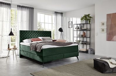Boxspringbett Bett La Maison in verschiedenen Farben dunkelgrün-Metallfuß chromopt...