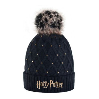 Harry Potter Wintermütze für Mädchen - Schwarz, Goldener Schriftzug, Bommel