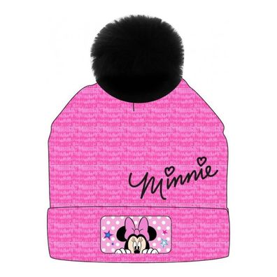 Minnie Mouse Strickmütze mit Bommel / Pompons, Bommelmütze, pink mit Schriftzug