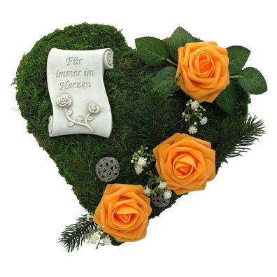 Grabgesteck Grabschmuck Grab Gesteck - Für immer im Herzen - 30cm Rosen orange