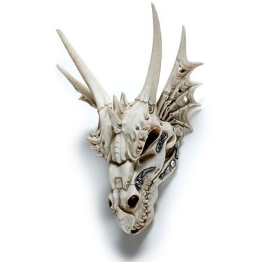 NEU Großer Drachen Totenkopf m. metallischen Details Deko Fantasy Gothic Skull