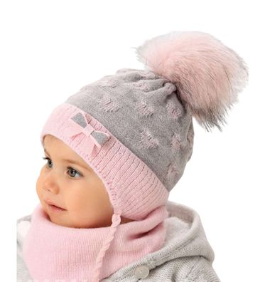 Baby Winter Mütze Mädchen Bindemütze Strickmütze mit Dreiecktuch Schal