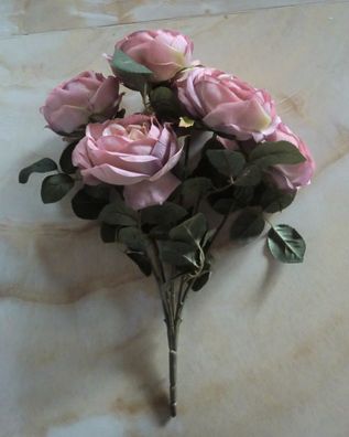 Rosenbusch künstlich mit 7 Blüten, 45 cm hoch, Farbe Malve, Seidenblumen