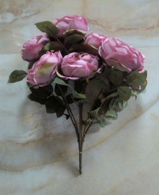 Rosenbusch künstlich mit 7 Blüten, 45 cm hoch, Farbe Dunkelmalve, Seidenblumen