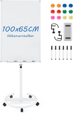 Flipchart Ständer, 100x65cm, Mobiles Whiteboard auf Rollen, höhenverstellbar bis 192c