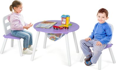 Kindertisch mit 2 Stühlen, 3 TLG. Kindersitzgruppe aus Holz, Kindersitzgarnitur, Lila