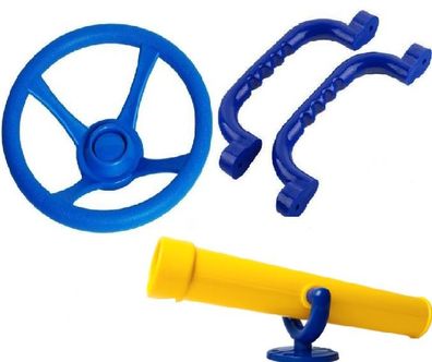 Spielturmzubehör 3in1 SET blau Teleskop + Handgriffe + Lenkrad Spielhaus Spielturm