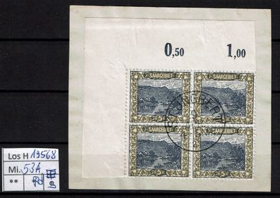 Los H19568: Saargebiet Mi. 53 a, gest. Viererblock als Briefstück
