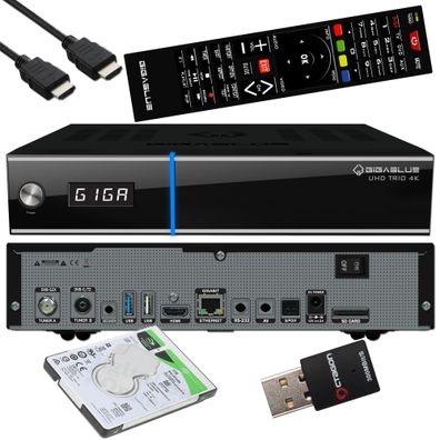 GigaBlue UHD Trio 4K DVB-S2X + DVB-T2/ C Combo + 2TB HDD & 300 Mbits Wifi Stick