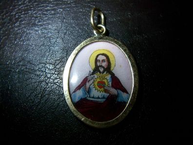 Wunderschöne-Email-Miniatur-Herz-Jesus- 585 er-Gelb-Gold