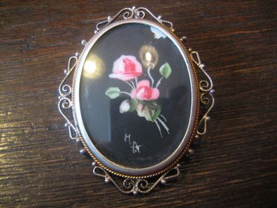 originelle wunderschöner Rose Rosen Malerei Tusche 800er Silber Brosche Anhänger