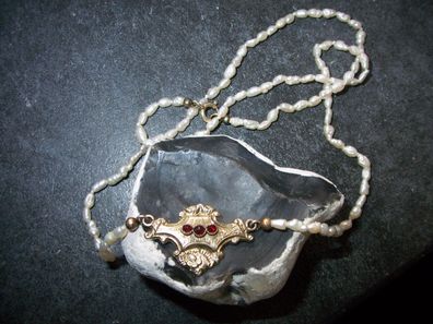zartes Biedermeier Collier Kette Gold Perlen + Granaten