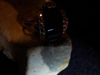 seltener Art Deco Ring Onyx Markasit 935er Silber Ring aufwändiger Schliff