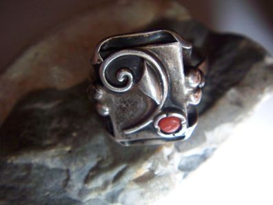 Art Deco Ring 900 Silber floral Rote Koralle Handarbeit 18 mm