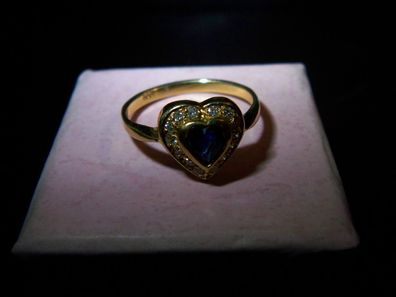 superschöner Saphir Brilliant Herz Ring 585er Gold Handarbeit Unikat Goldschmied