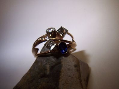 ungewöhnlicher Ring Diamantrosen Saphir 585er Gold-4,6 Gramm
