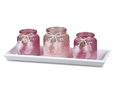 Leuchterset / Deko-Set mit Schale und 2 Windlichter 39cm in rosa-weiss