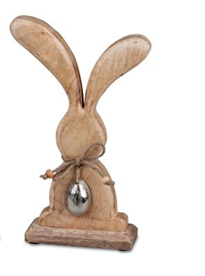 Geschenke und Dekoration zu Ostern- Hase mit Ei 21cm aus massivem Mango-Holz Osterhas