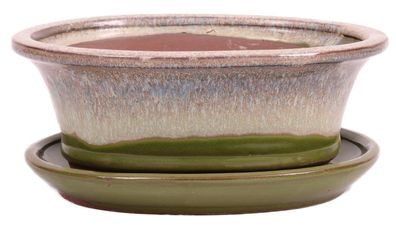 Bonsai - Schale oval 21 x 17 x 8.5 cm , grün / beige , mit Untersetzer 23205