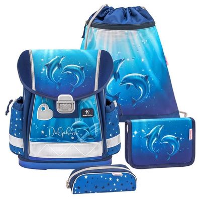 Rucksack ergonomisches Schulranzen-Set 4-teilig Dolphins mit Brustgurt
